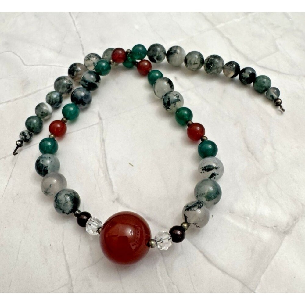 Moss Agate Green Chalcedony Beaded Necklace Broken Craft Repurpose 16 Inch